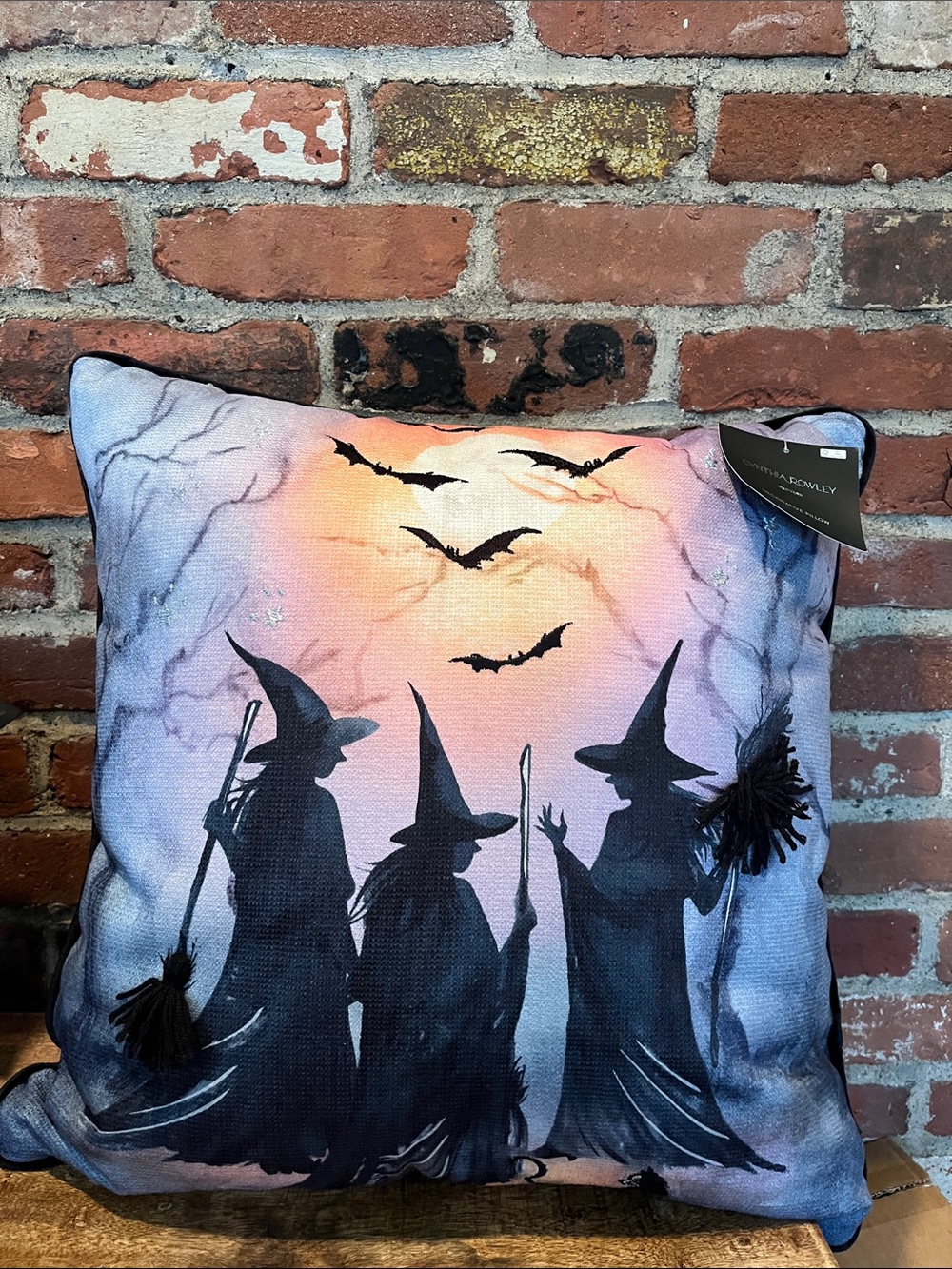 Cynthia Rowley Black Witch Silhouette Pillow with Purple and Peach Ombre